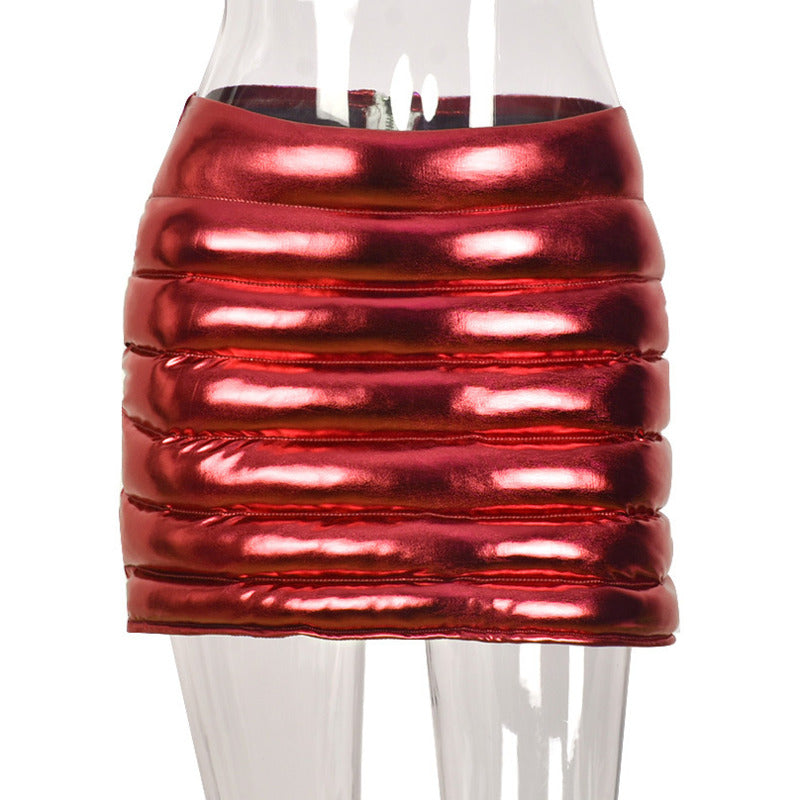 Red Metallic Quilted Puffer Mini Skirt for Women Stylish