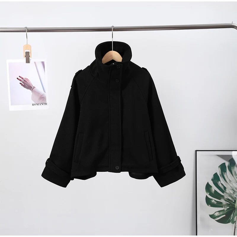 Casual Stand Collar Woolen Jacket Casual Buttons Long Sleeve Drop Shoulder Zipper Loose Coat High Street All-match Spring Tops