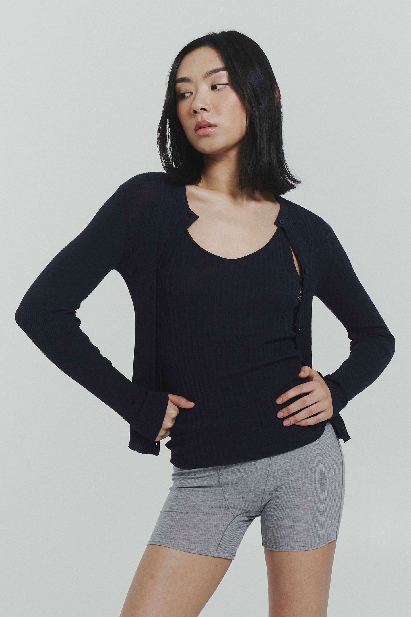 Ribbed Knit Cardigan Navy Lightweight Button Front Layer Fit