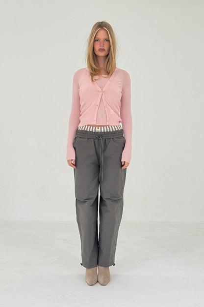 Women Ribbed Knit Button Up Cardigan Sweater Powder Pink