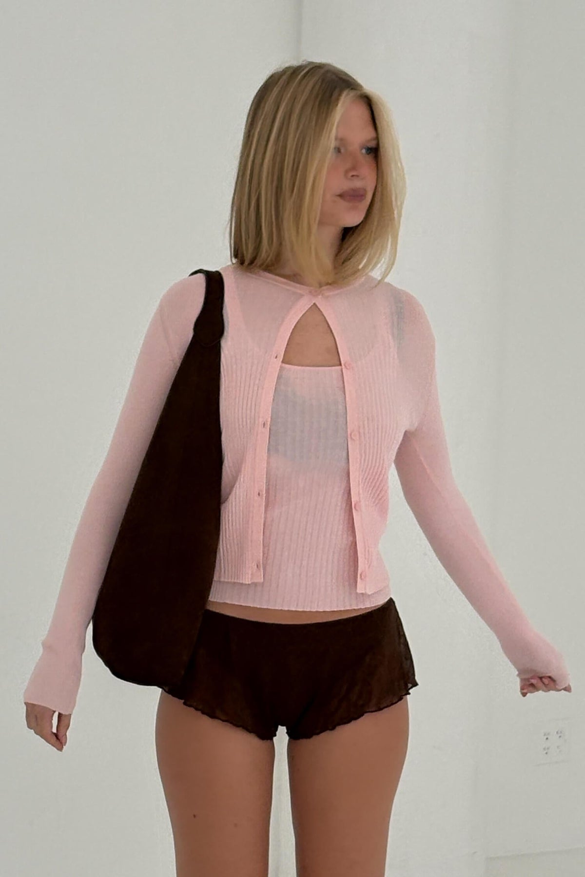Women Ribbed Knit Button Up Cardigan Sweater Powder Pink