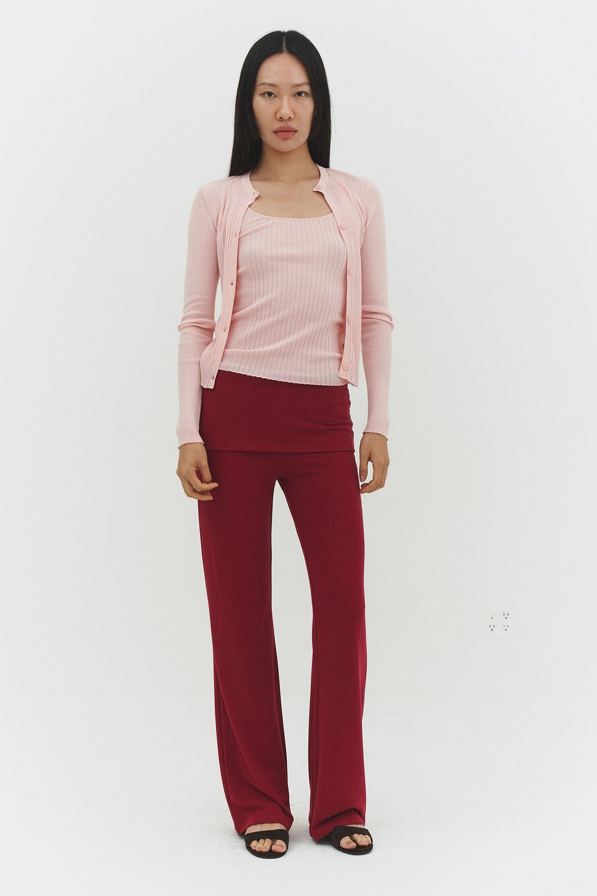 Women Ribbed Knit Button Up Cardigan Sweater Powder Pink