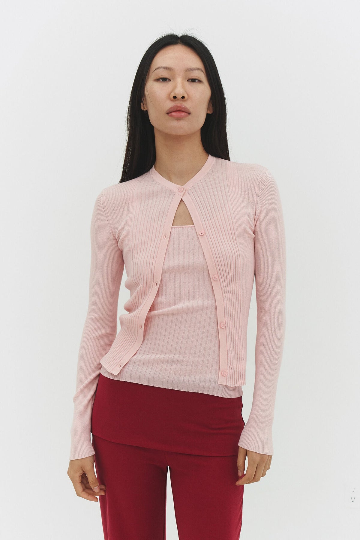 Women Ribbed Knit Button Up Cardigan Sweater Powder Pink