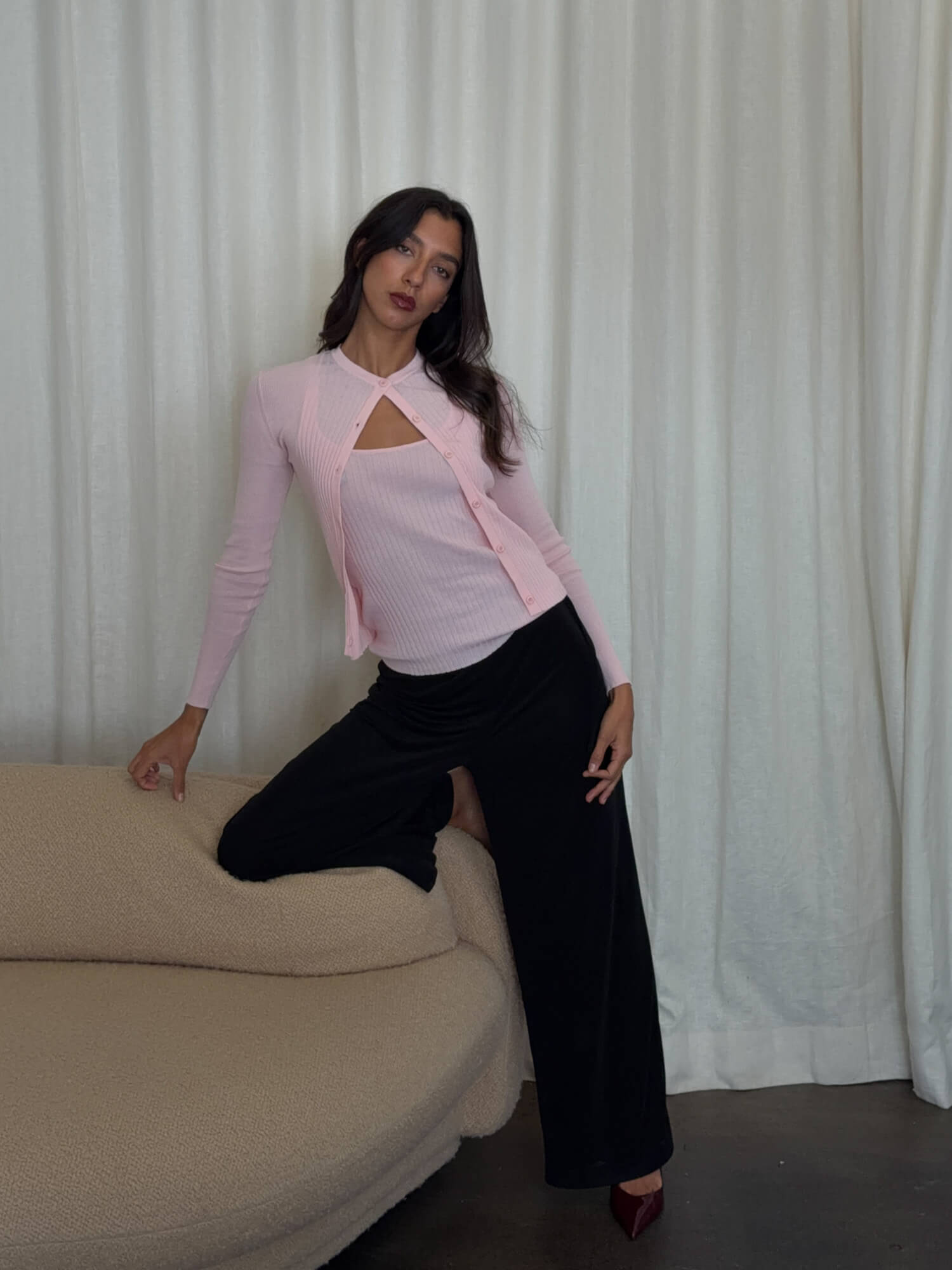 Women Ribbed Knit Button Up Cardigan Sweater Powder Pink