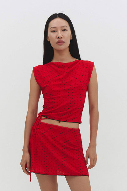 Emili Top Red Fitted Sleeveless Crop Womens Scallop Trim Set