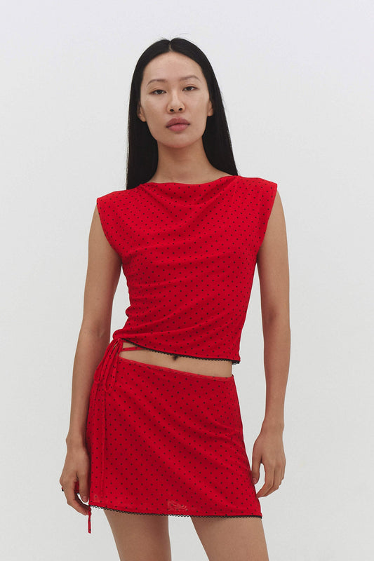 Emili Top Red Fitted Sleeveless Crop Womens Scallop Trim Set