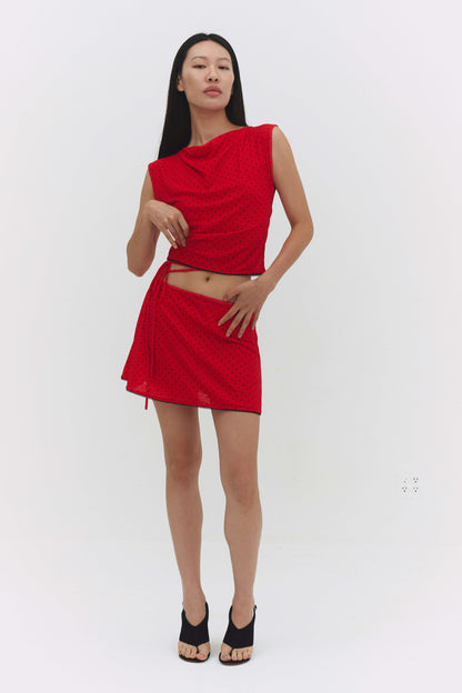 Emili Top Red Fitted Sleeveless Crop Womens Scallop Trim Set