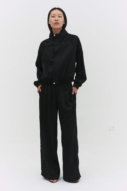Women Cropped Zip Up Bomber Track Jacket Black Sateen