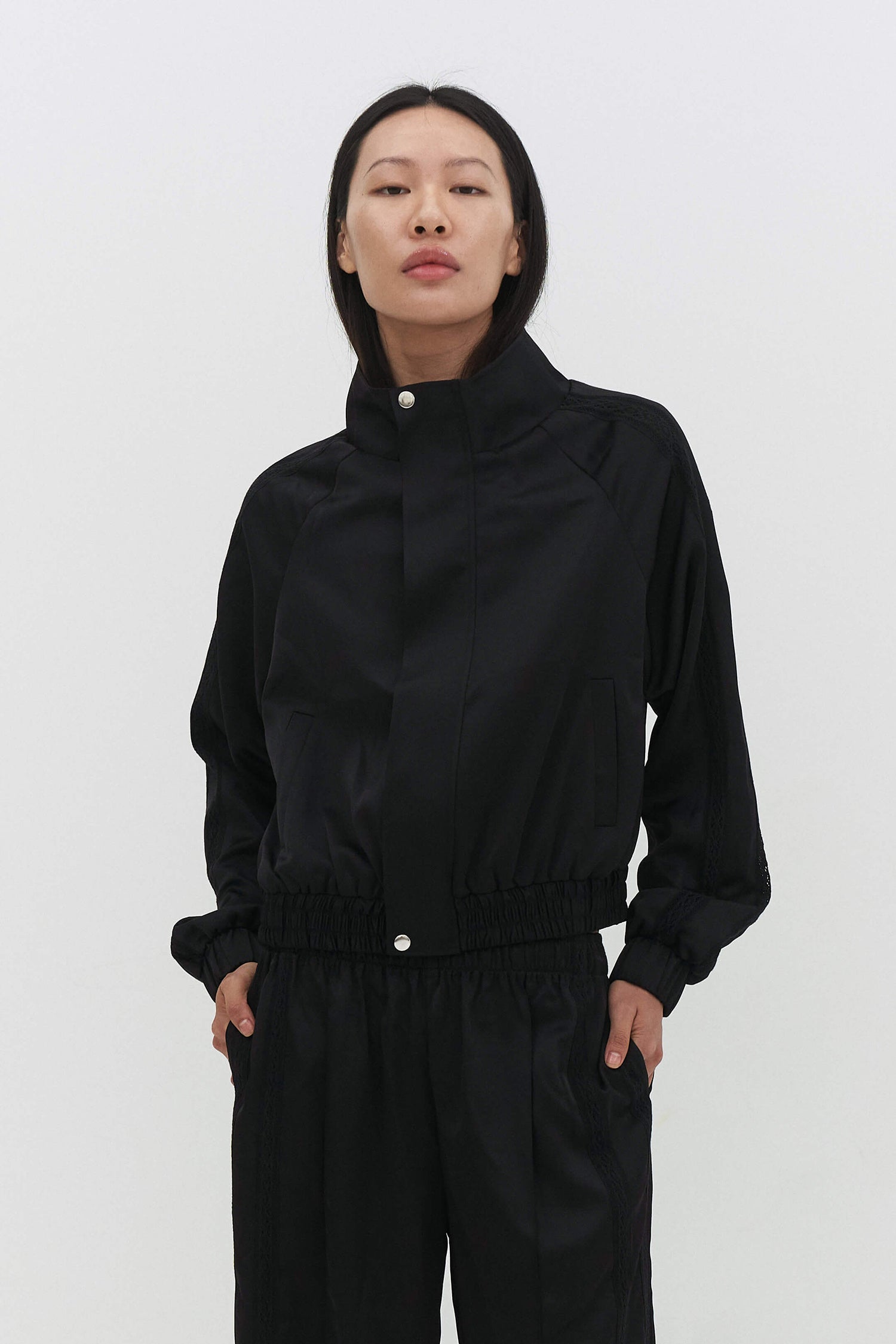 Women Cropped Zip Up Bomber Track Jacket Black Sateen