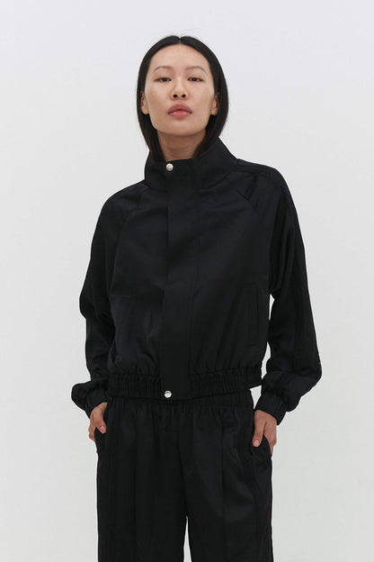 Women Cropped Zip Up Bomber Track Jacket Black Sateen