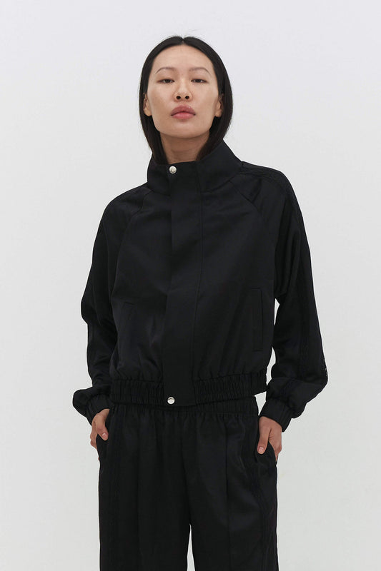 Women Cropped Zip Up Bomber Track Jacket Black Sateen