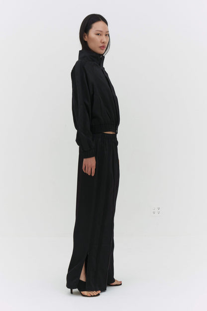 Women Cropped Zip Up Bomber Track Jacket Black Sateen