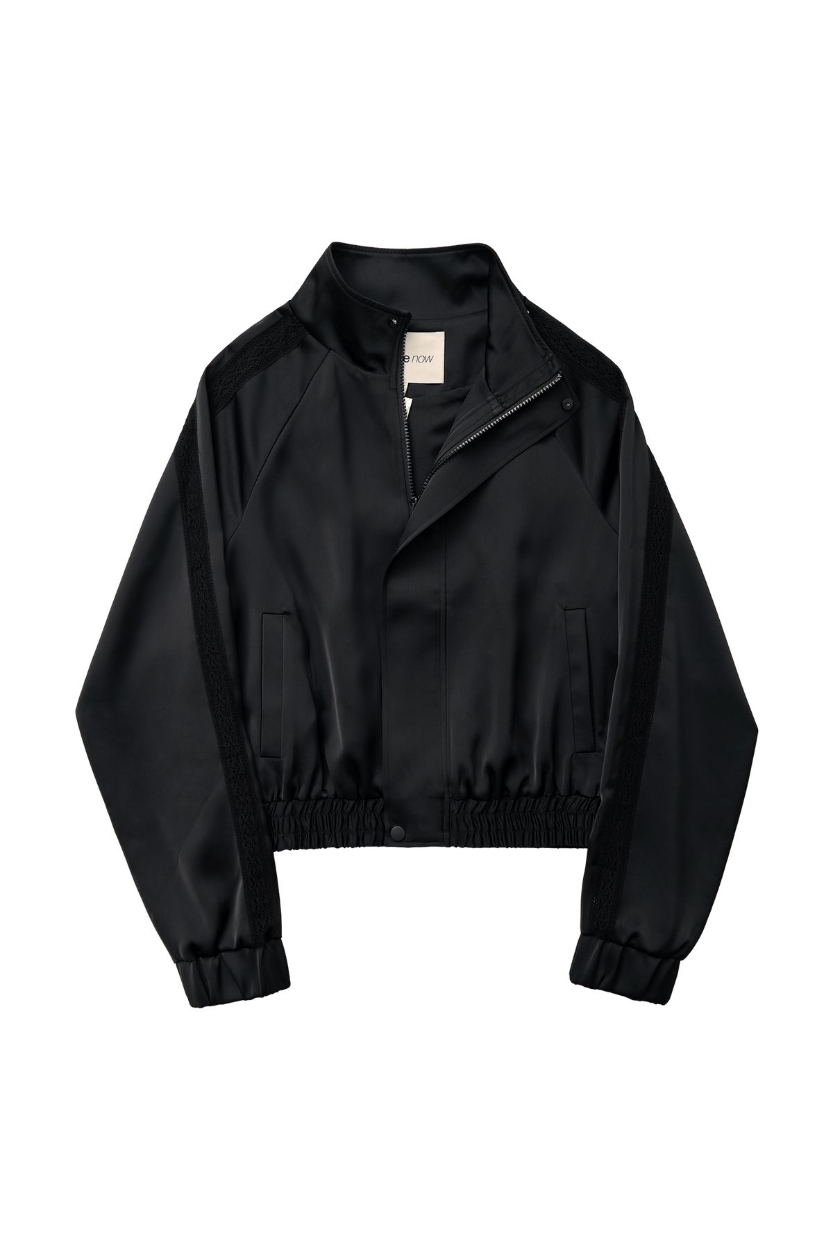 Women Cropped Zip Up Bomber Track Jacket Black Sateen