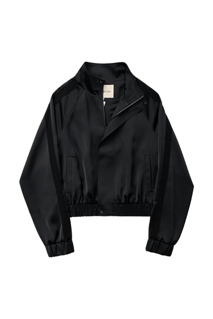 Women Cropped Zip Up Bomber Track Jacket Black Sateen