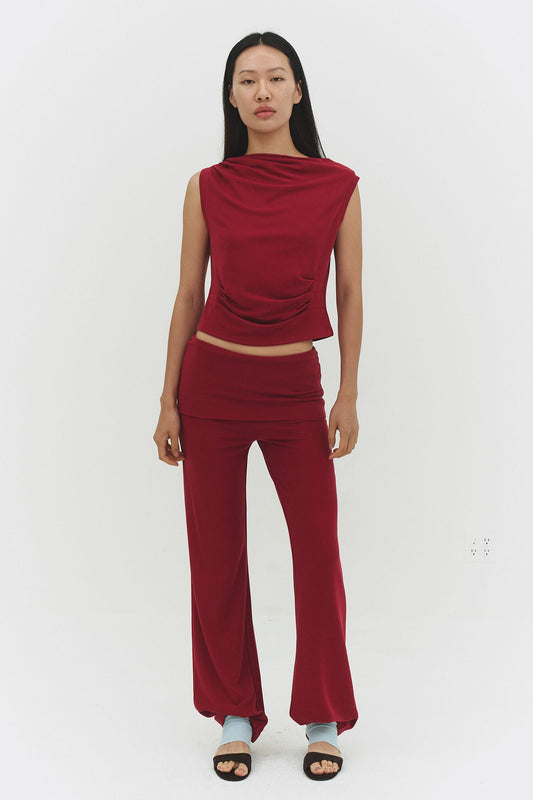 Women Wide Leg Foldover Waist Flare Pants Raspberry Knit