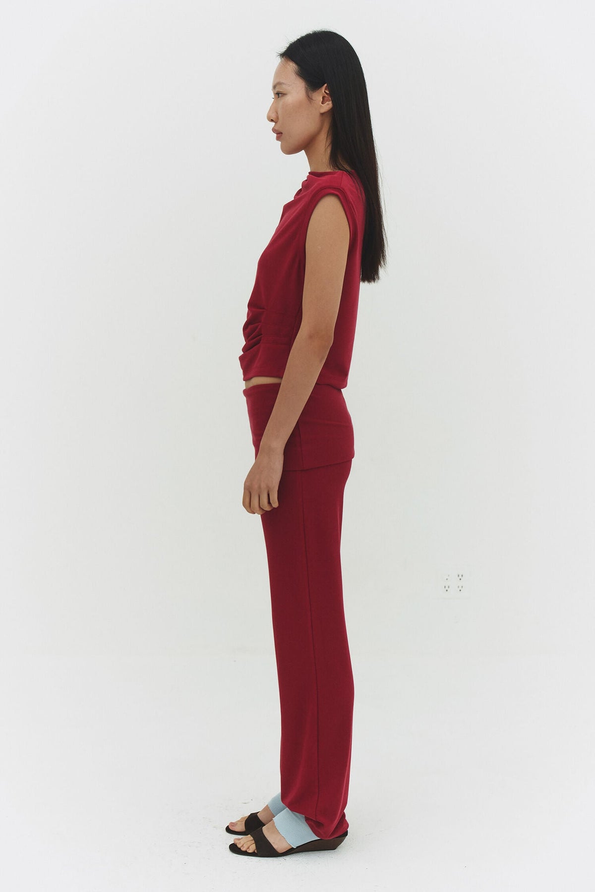 Women Wide Leg Foldover Waist Flare Pants Raspberry Knit