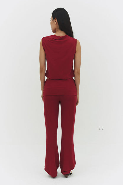 Women Wide Leg Foldover Waist Flare Pants Raspberry Knit
