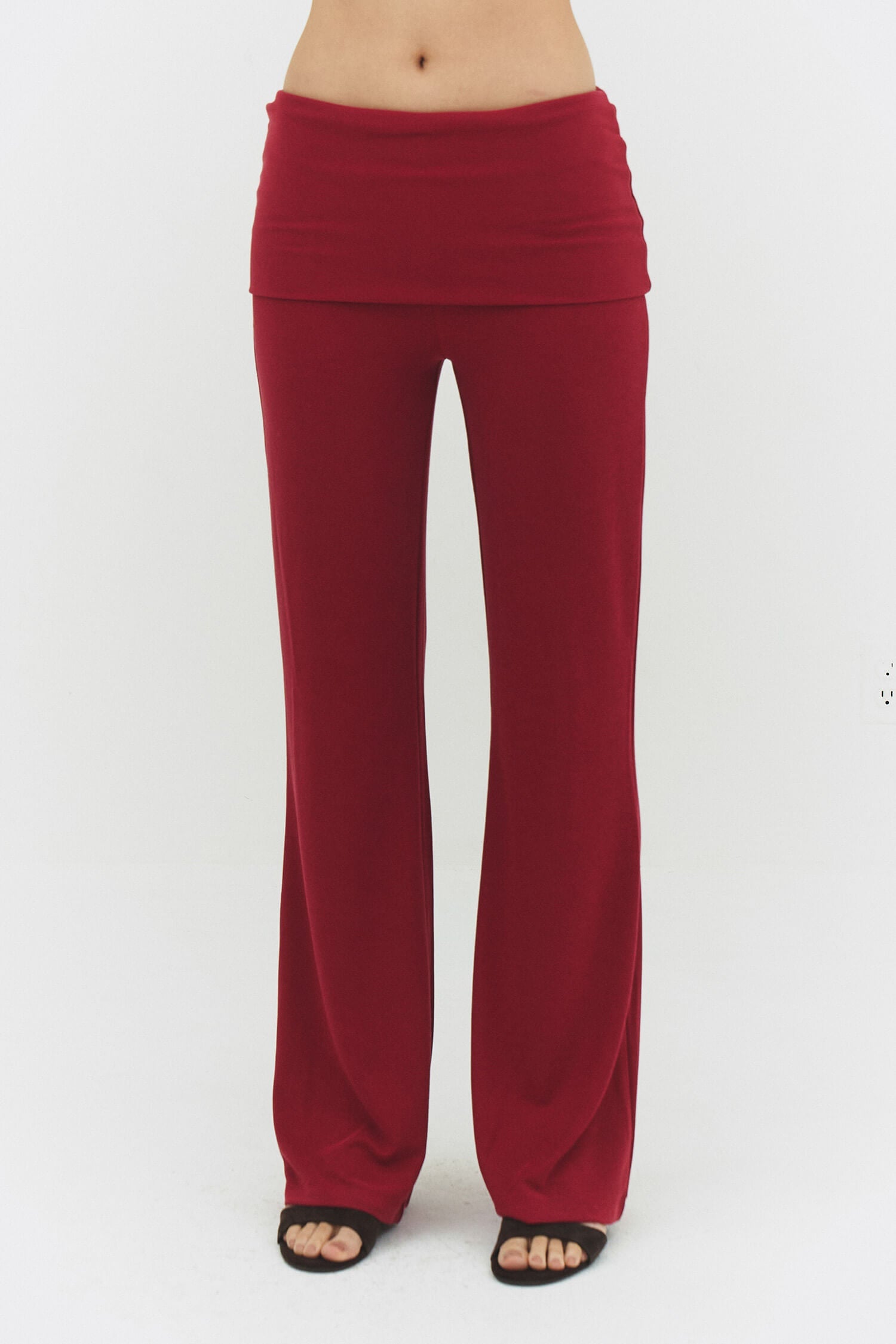 Women Wide Leg Foldover Waist Flare Pants Raspberry Knit