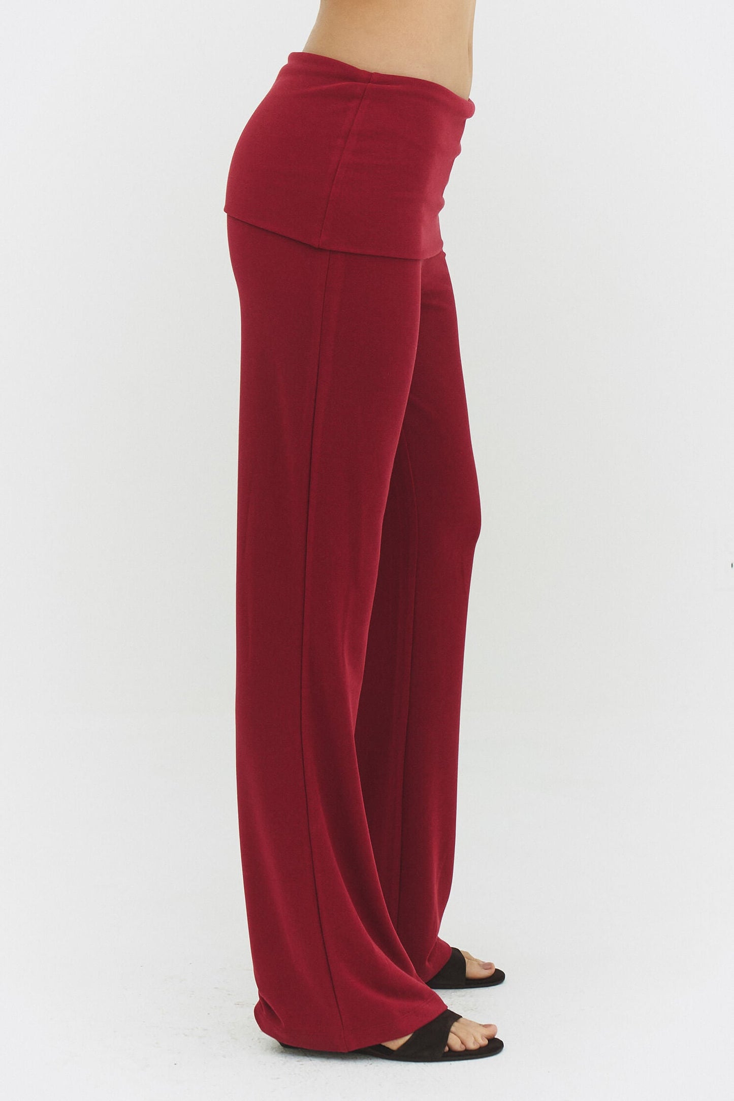 Women Wide Leg Foldover Waist Flare Pants Raspberry Knit