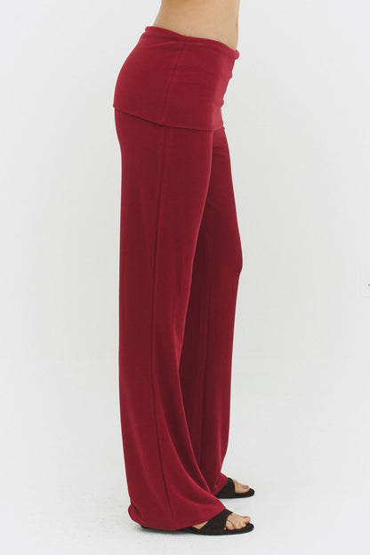 Women Wide Leg Foldover Waist Flare Pants Raspberry Knit