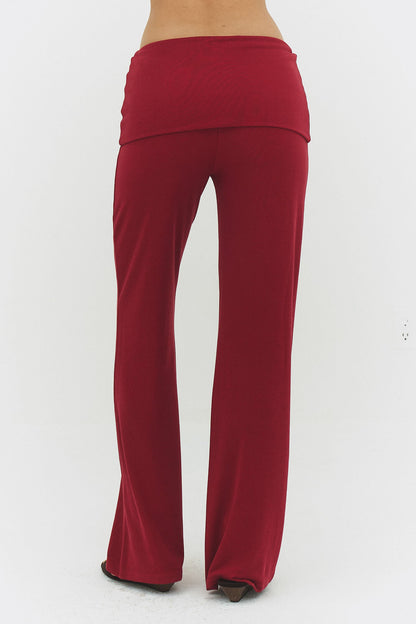 Women Wide Leg Foldover Waist Flare Pants Raspberry Knit
