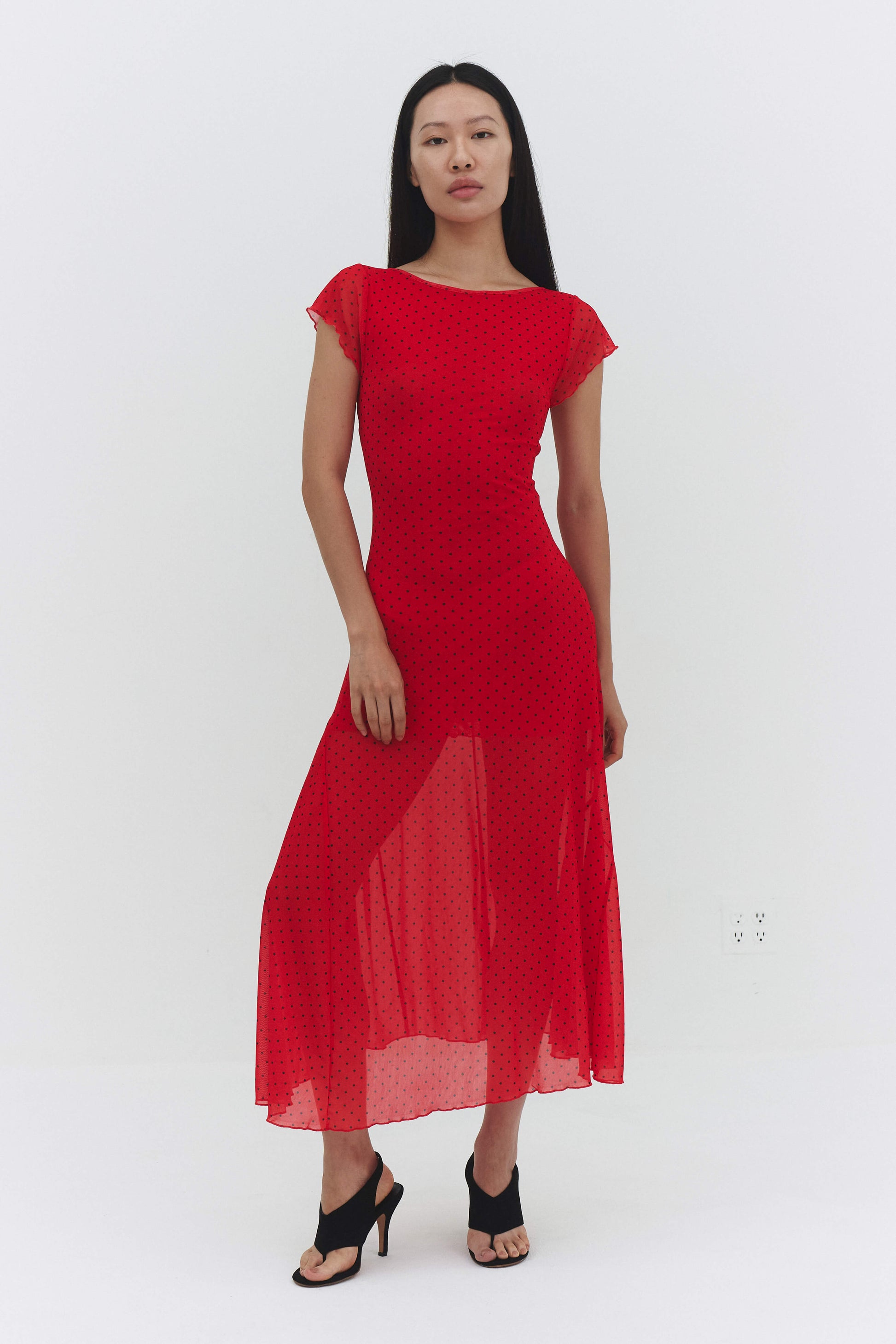 Valentina Dress Red Womens Fitted Midi Polka Dot Mesh Styles