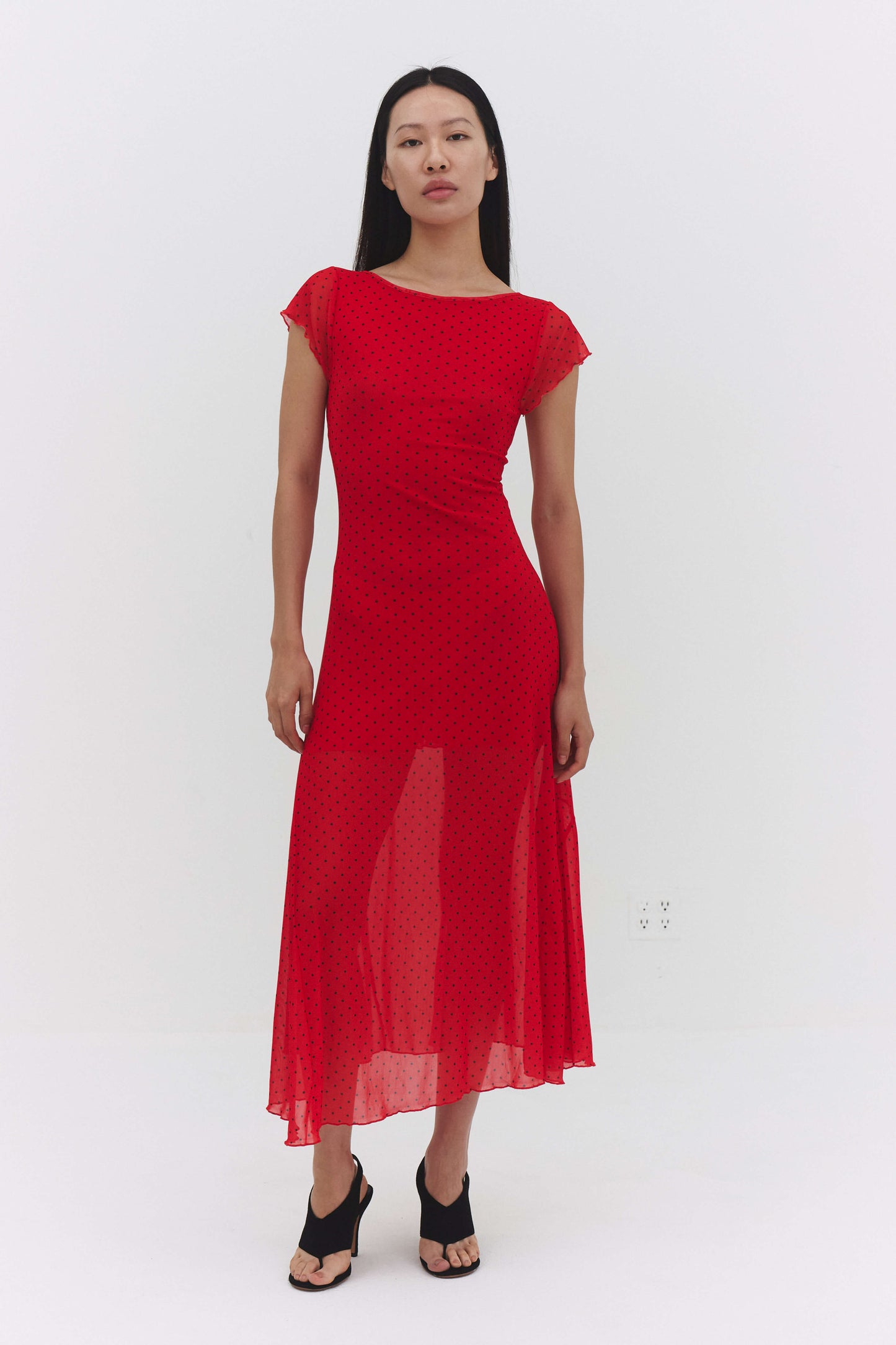 Valentina Dress Red Womens Fitted Midi Polka Dot Mesh Styles