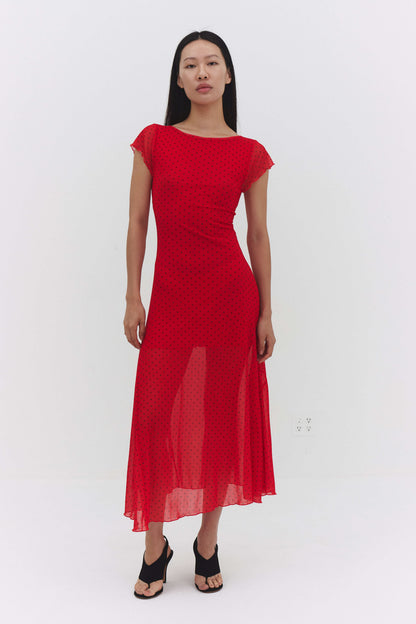 Valentina Dress Red Womens Fitted Midi Polka Dot Mesh Styles