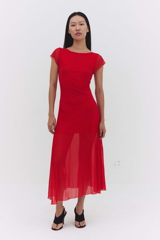 Valentina Dress Red Womens Fitted Midi Polka Dot Mesh Styles