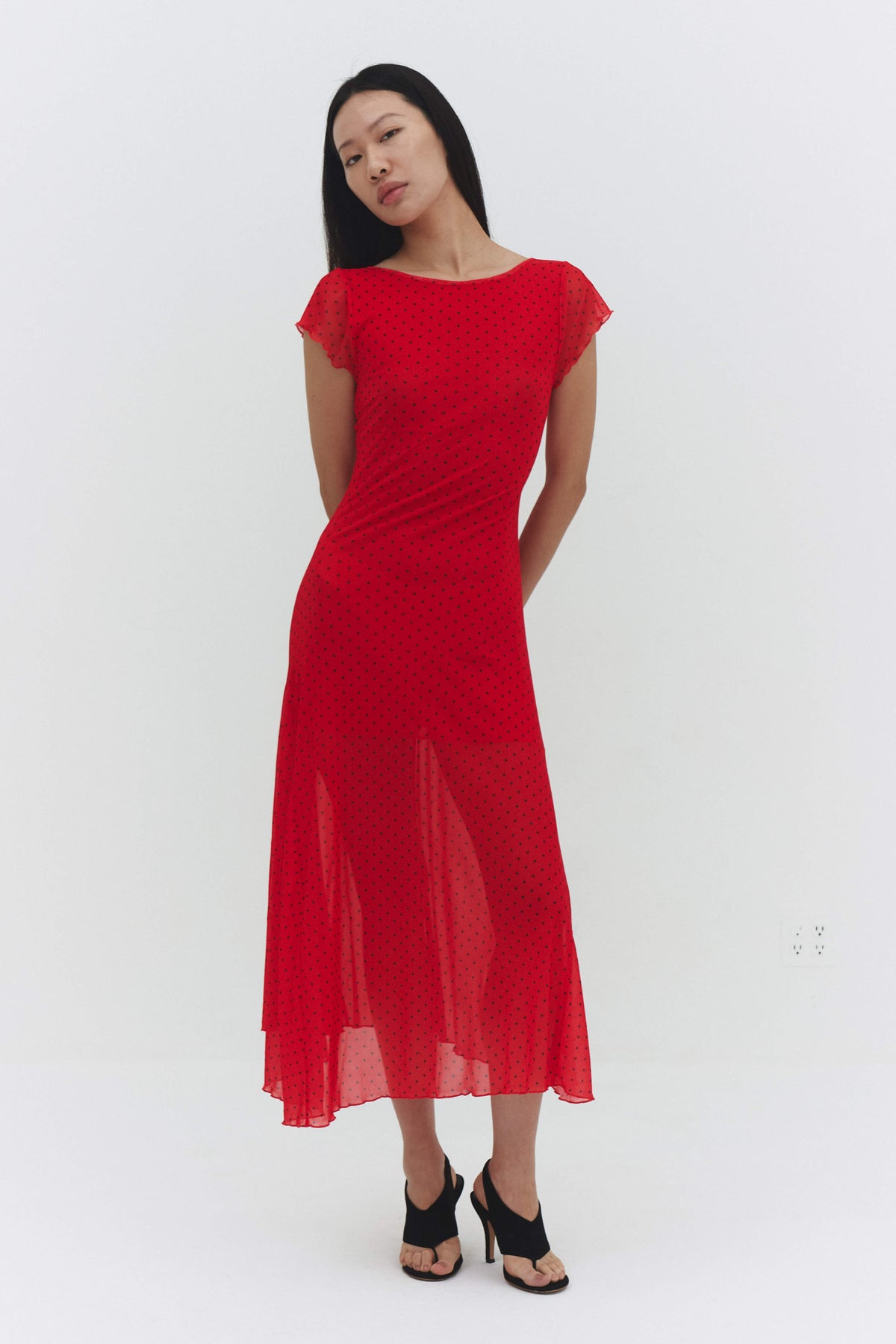Valentina Dress Red Womens Fitted Midi Polka Dot Mesh Styles