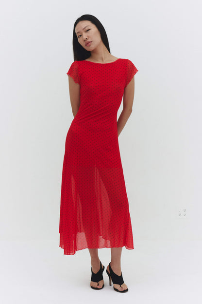 Valentina Dress Red Womens Fitted Midi Polka Dot Mesh Styles