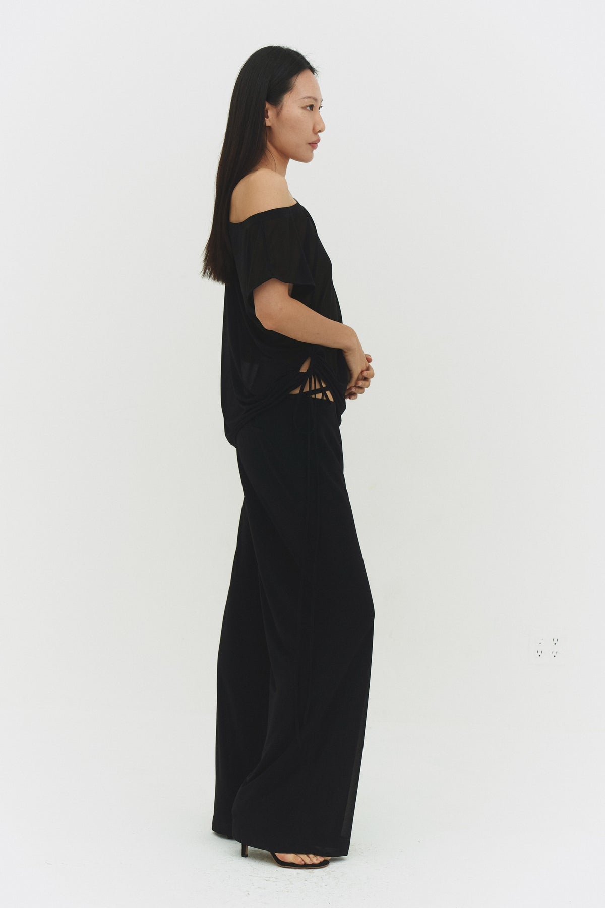Brisa Top Black Womens Asymmetric Off Shoulder Casual Blouse