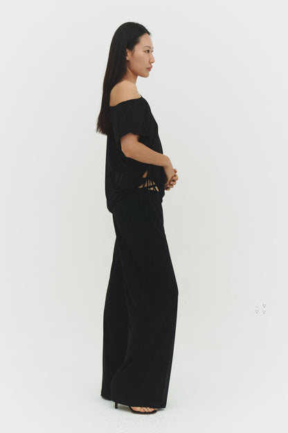 Brisa Top Black Womens Asymmetric Off Shoulder Casual Blouse