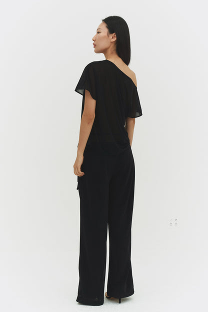 Brisa Top Black Womens Asymmetric Off Shoulder Casual Blouse