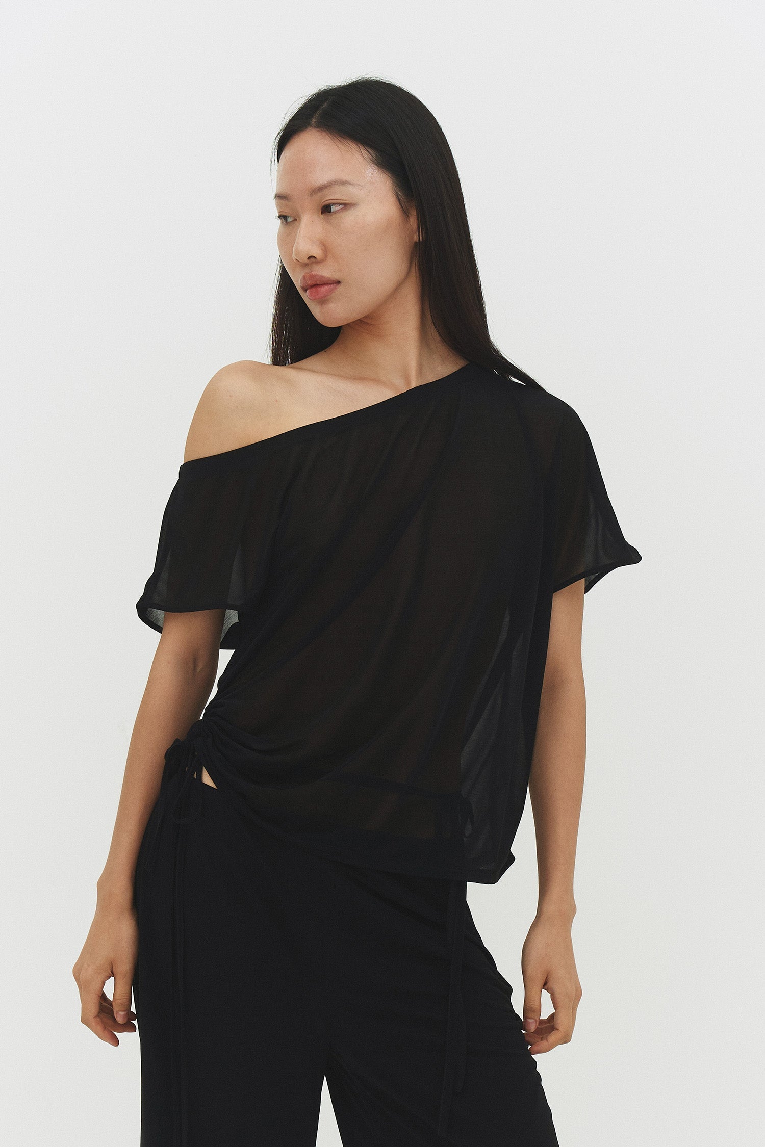 Brisa Top Black Womens Asymmetric Off Shoulder Casual Blouse