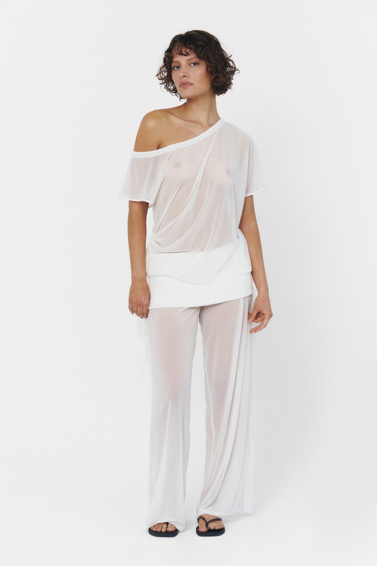 Women Wide Leg Sheer Pants Foldover Waistband White