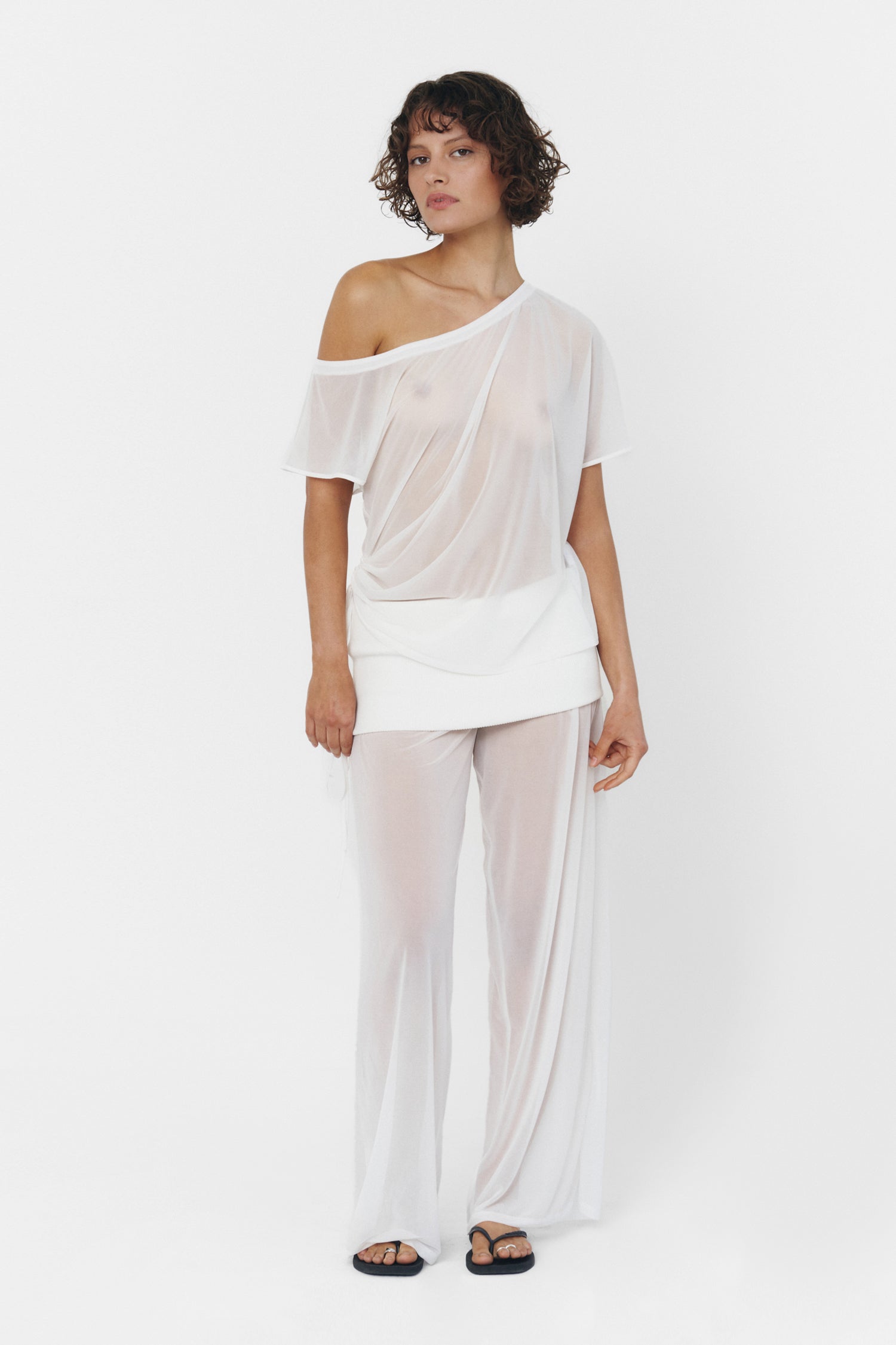 Women Wide Leg Sheer Pants Foldover Waistband White