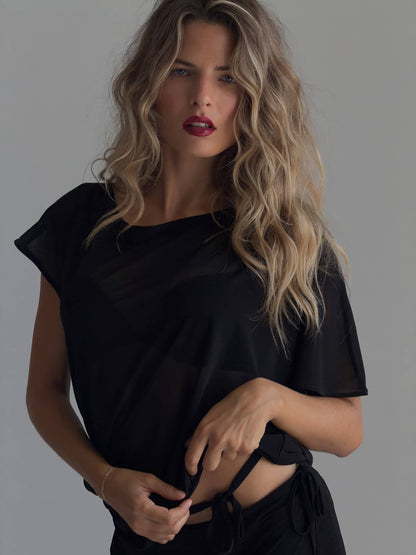 Brisa Top Black Womens Asymmetric Off Shoulder Casual Blouse