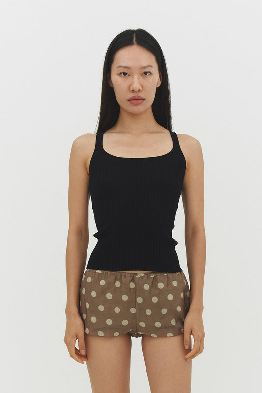 Ribbed Knit Tank Top Black Womens Fitted Racer Back Layering