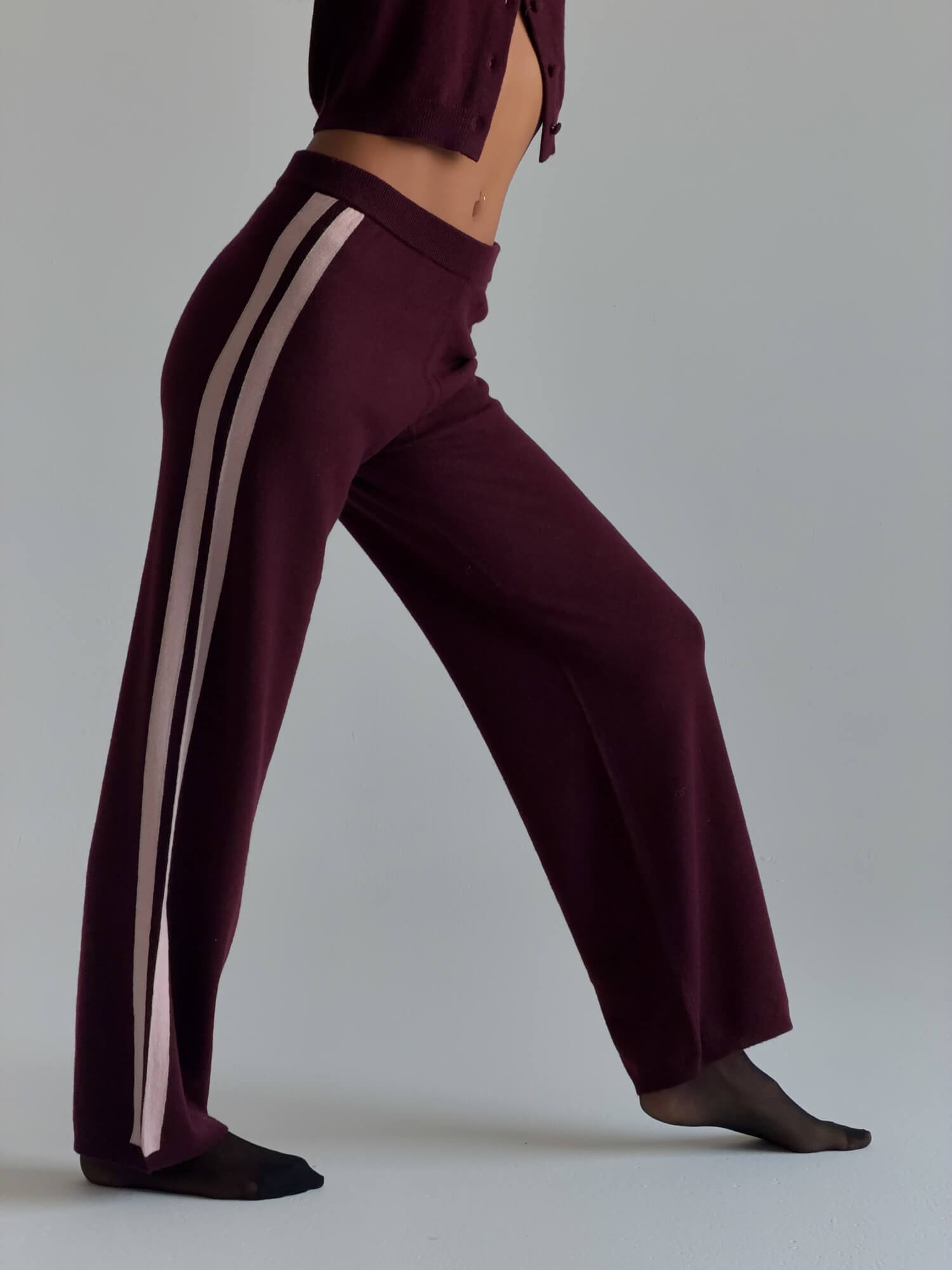Women Cashmere Wool Stripe Wide Leg Pant Raspberry Knit