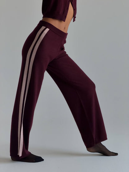 Women Cashmere Wool Stripe Wide Leg Pant Raspberry Knit
