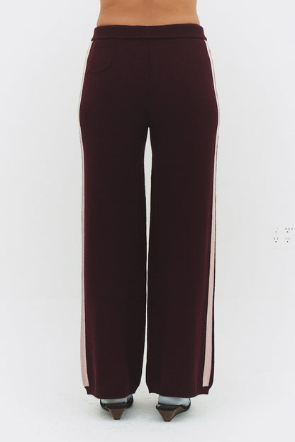 Women Cashmere Wool Stripe Wide Leg Pant Raspberry Knit