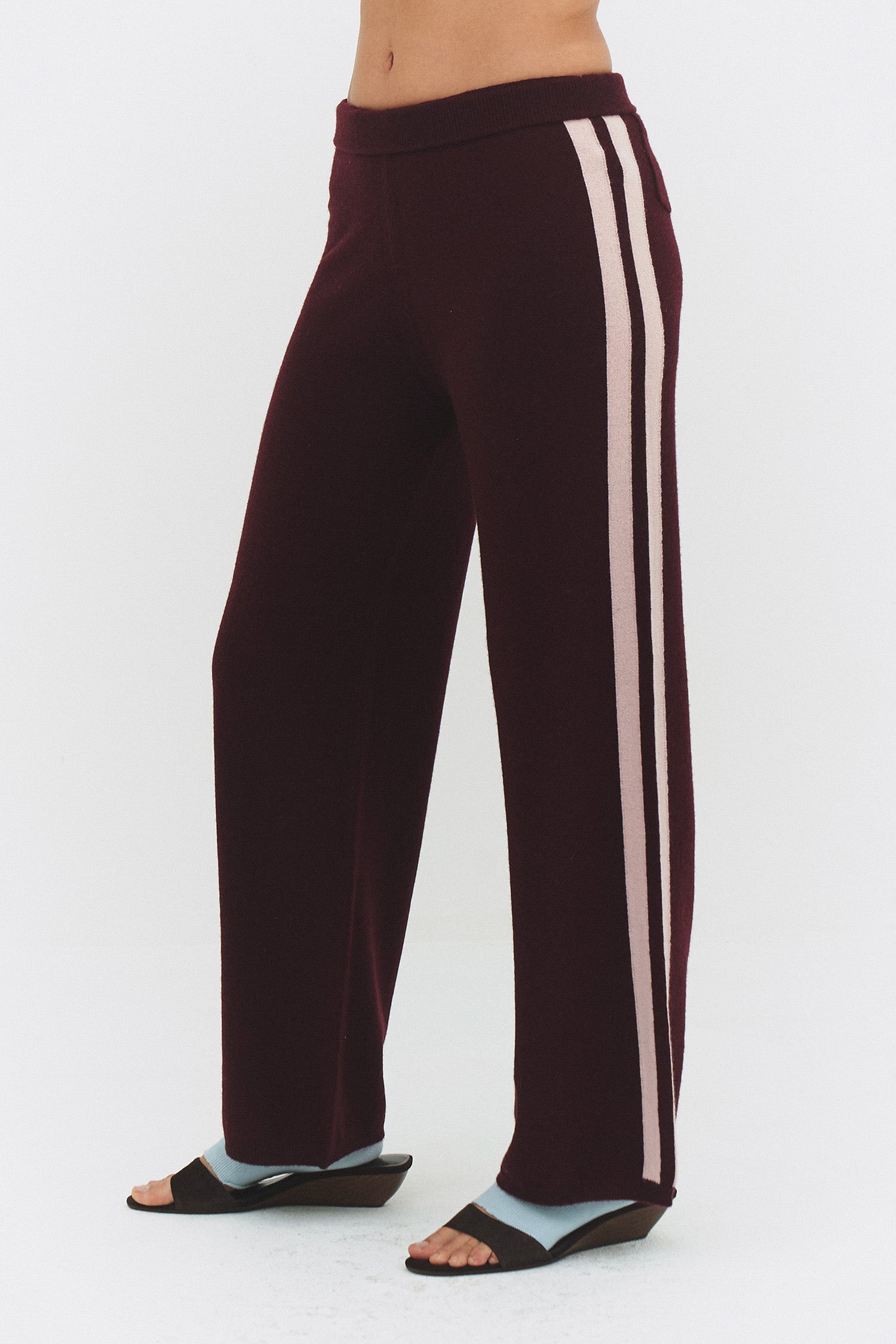 Women Cashmere Wool Stripe Wide Leg Pant Raspberry Knit