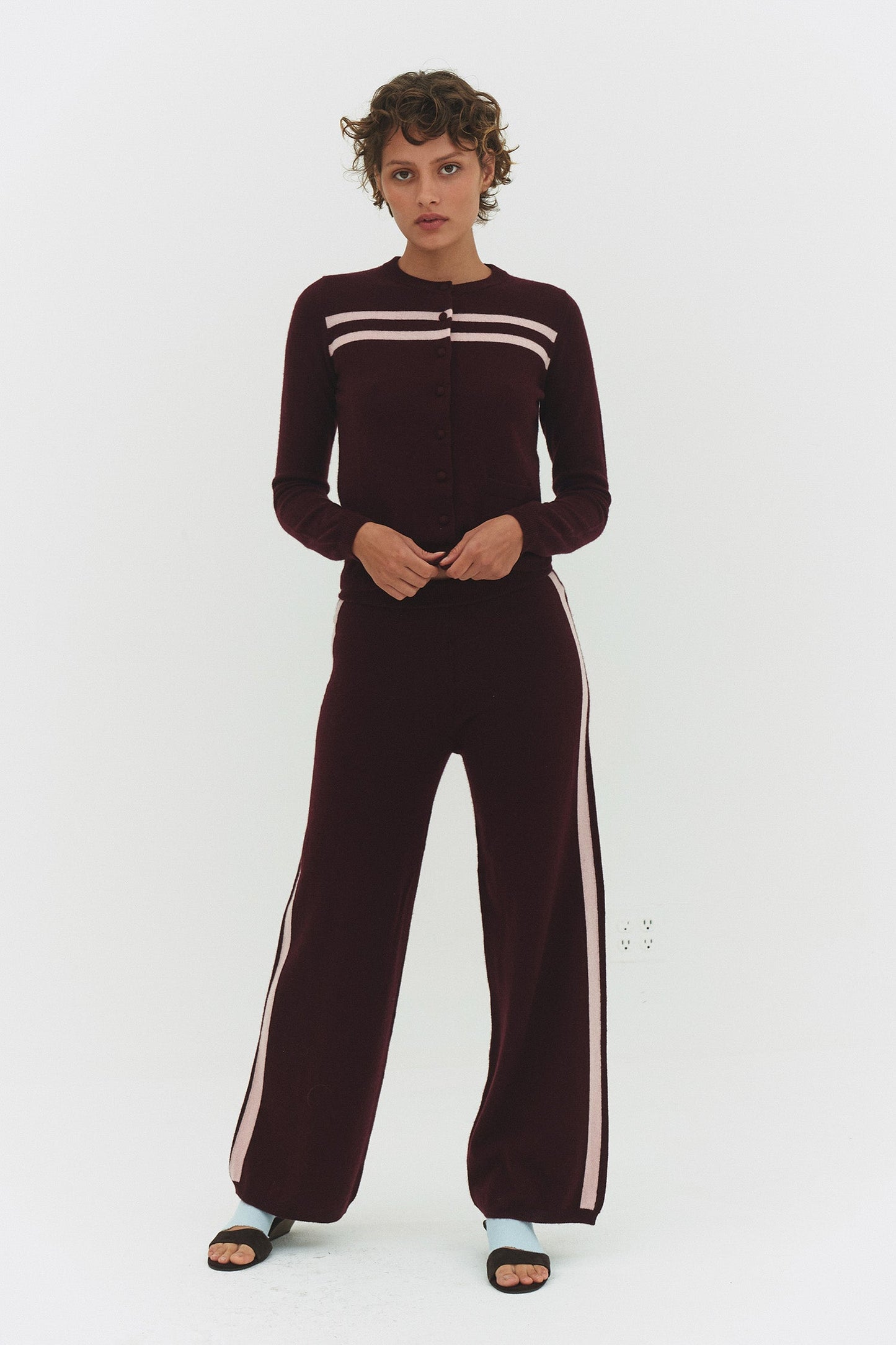 Women Cashmere Wool Stripe Wide Leg Pant Raspberry Knit