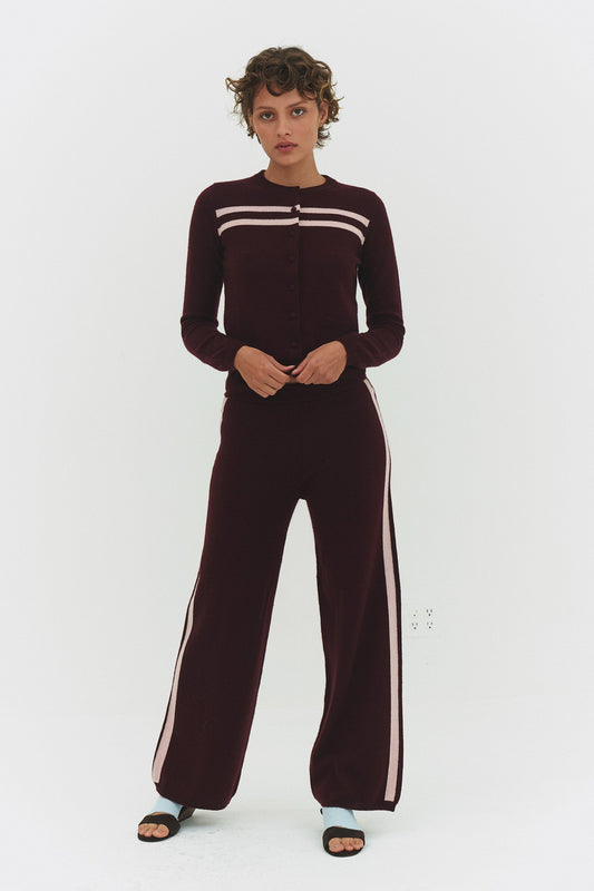 Women Cashmere Wool Stripe Wide Leg Pant Raspberry Knit