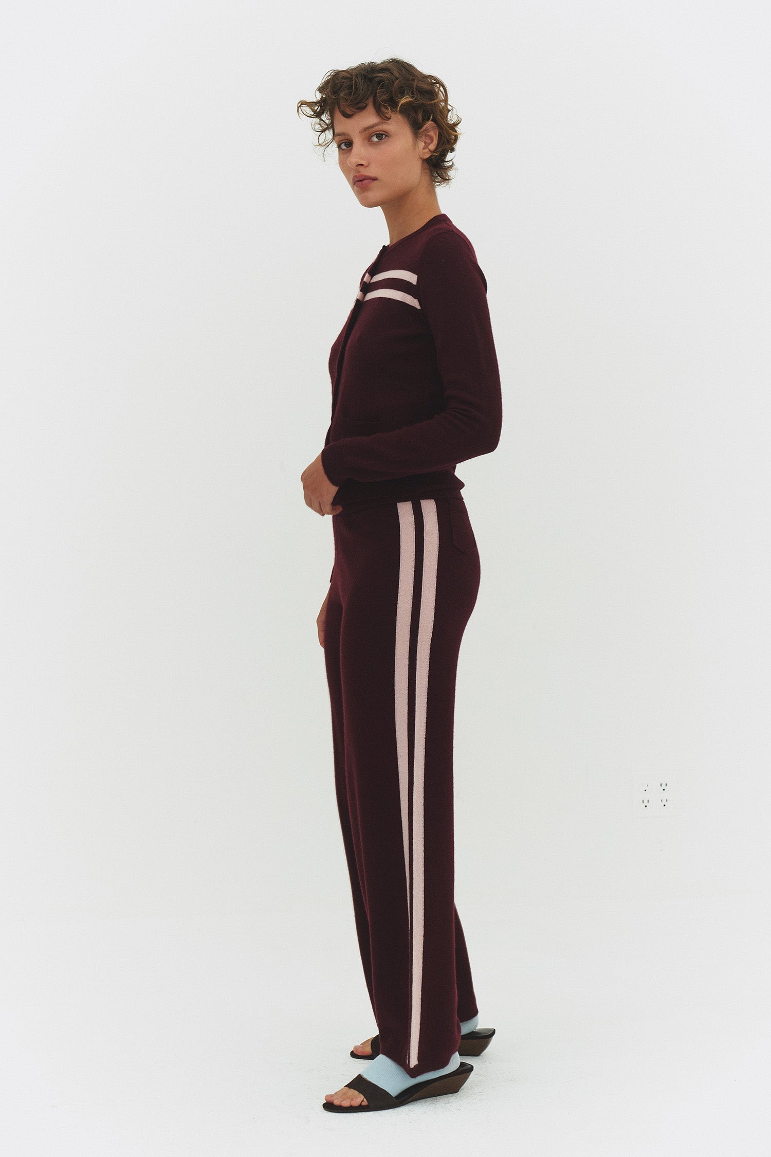 Women Cashmere Wool Stripe Wide Leg Pant Raspberry Knit