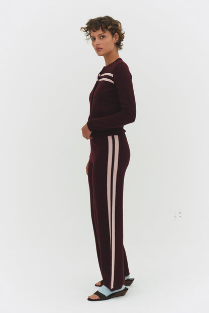 Women Cashmere Wool Stripe Wide Leg Pant Raspberry Knit