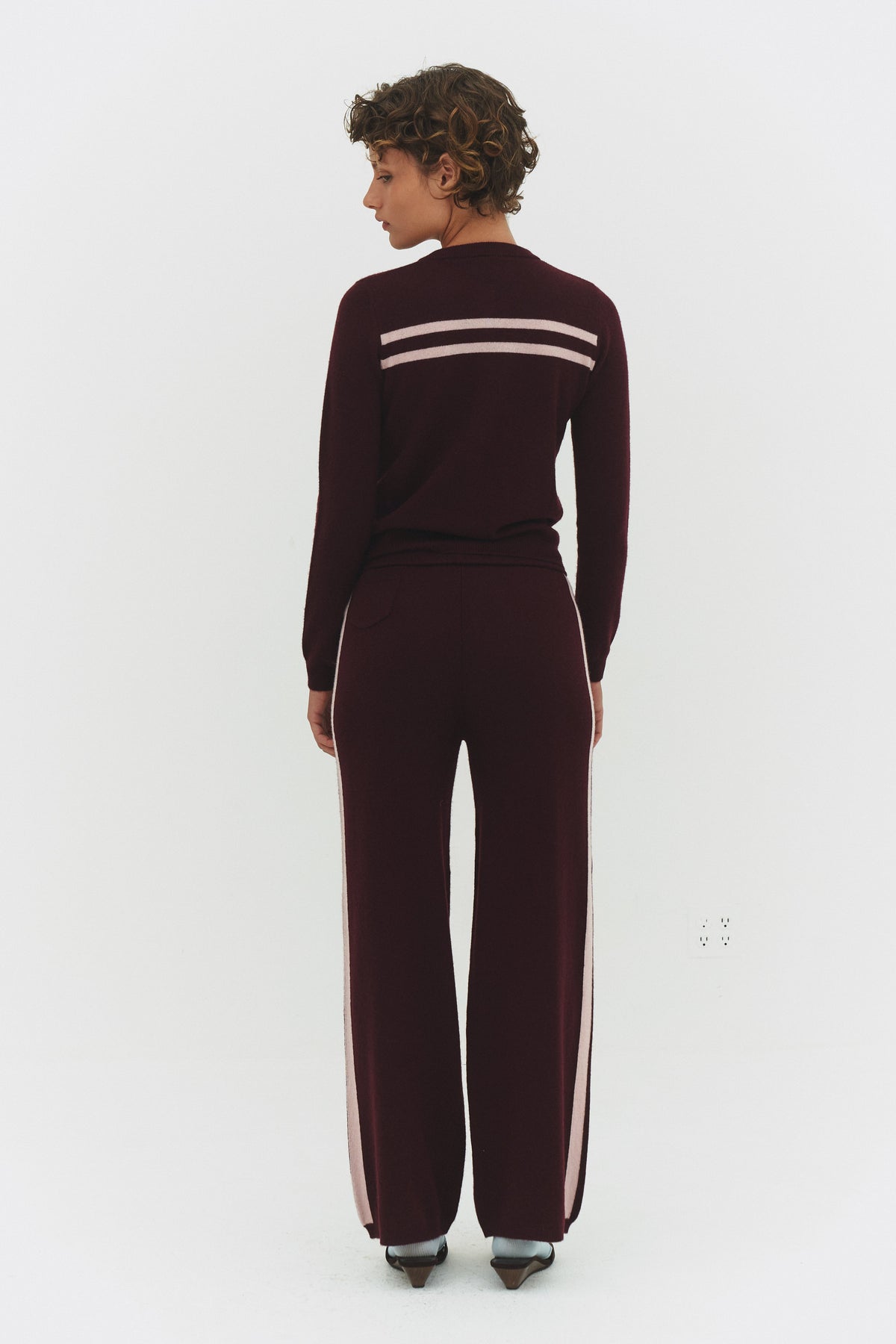 Women Cashmere Wool Stripe Wide Leg Pant Raspberry Knit