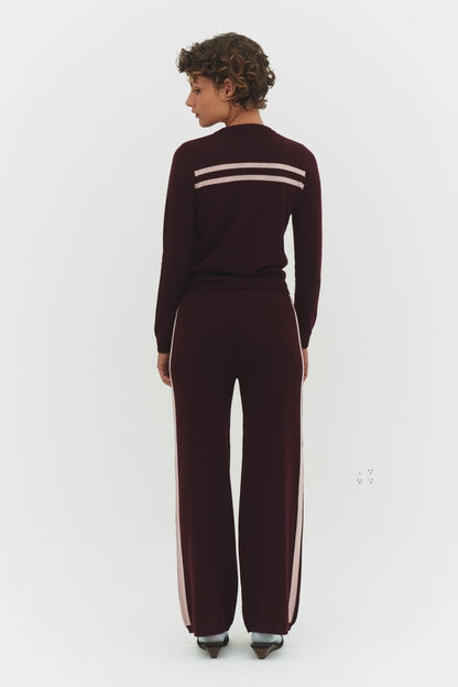 Women Cashmere Wool Stripe Wide Leg Pant Raspberry Knit