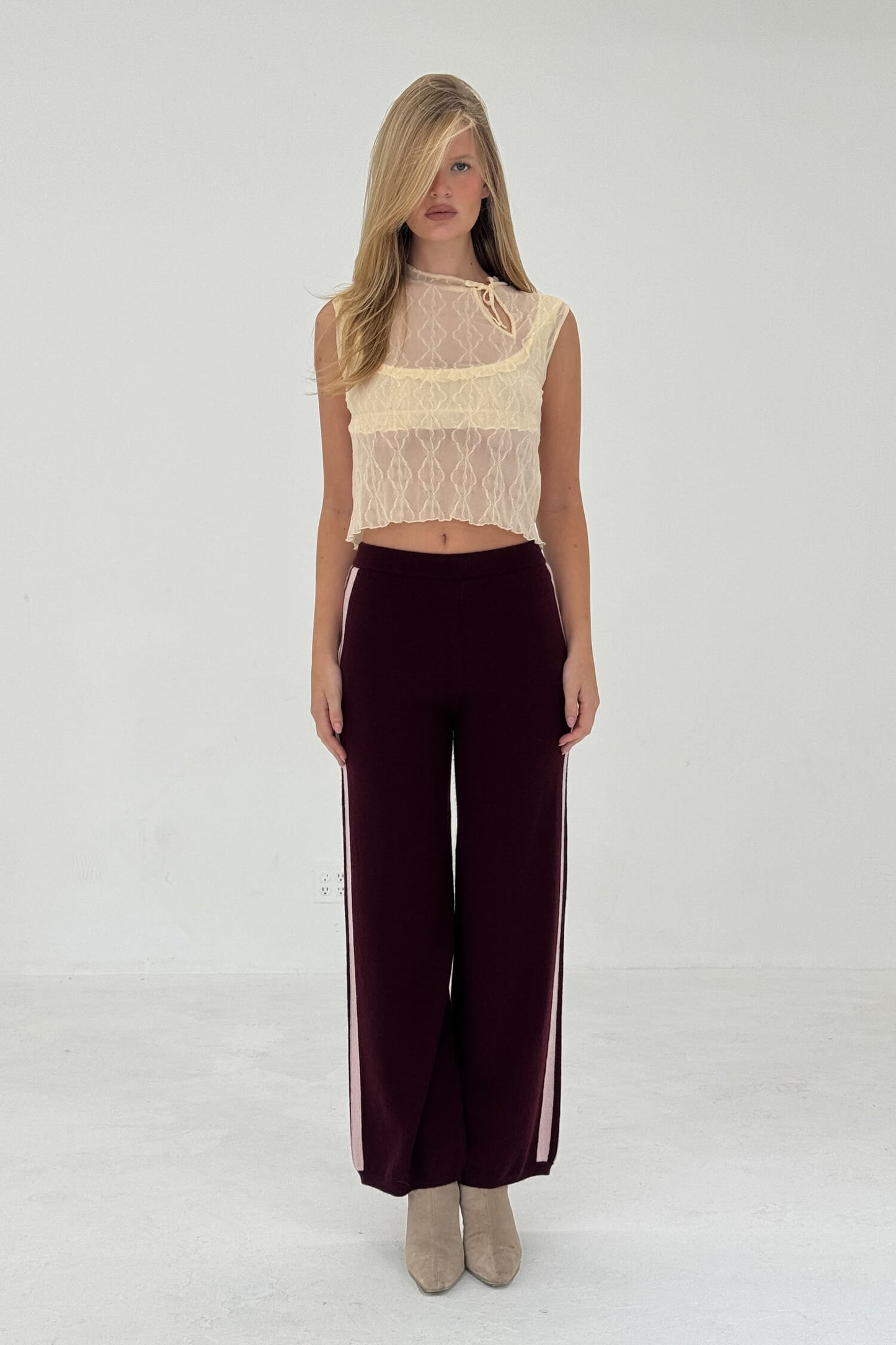 Women Cashmere Wool Stripe Wide Leg Pant Raspberry Knit